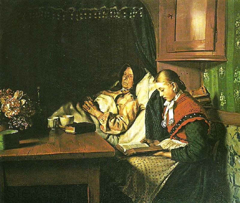 Michael Ancher ved en sygeseng, en ung pige lceser for den gamle kone i alkoven France oil painting art